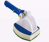 Water line scrub pad with detergent tank and EZ-clip